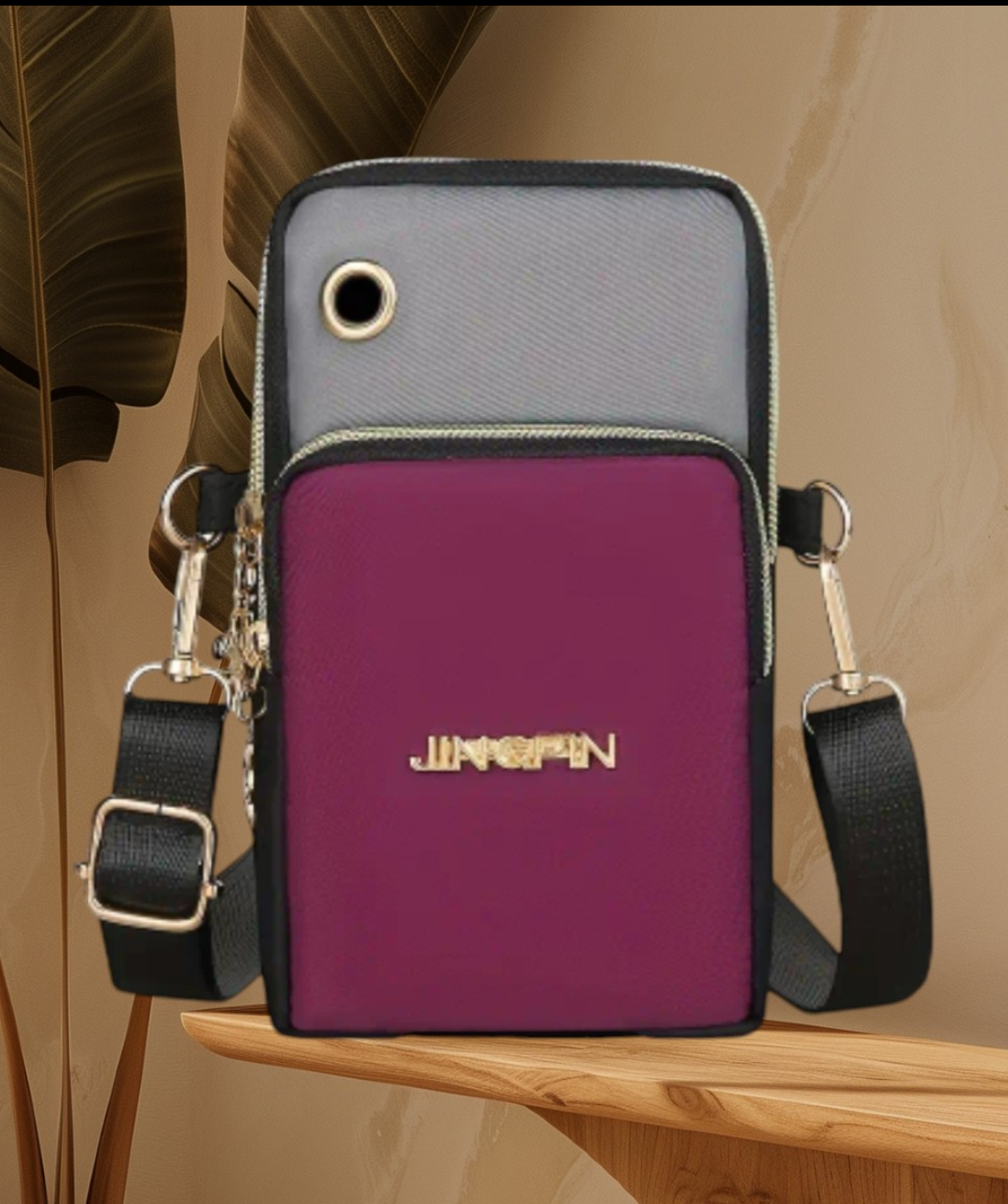 Nylon Crossbody Phone Bag, Purple & Gray